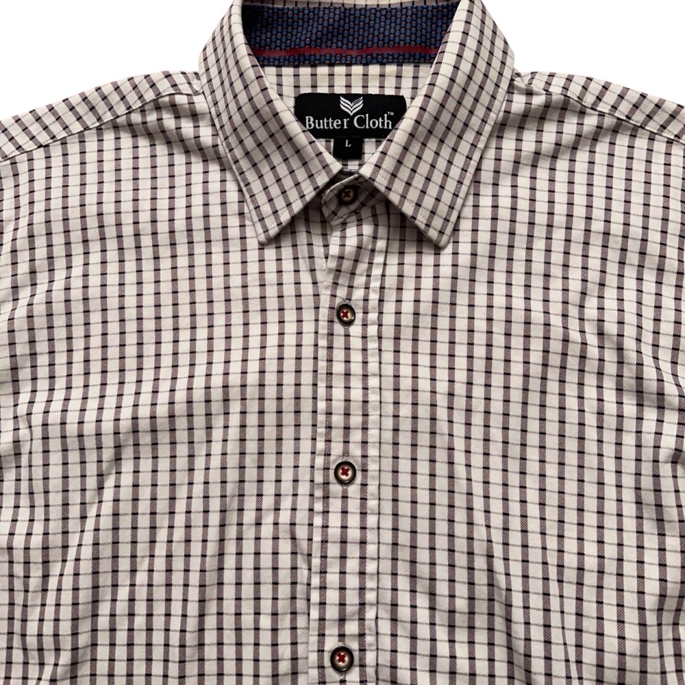 Butter Cloth Shirt Mens Size L Long Sleeve Button Plaid Cotton Light Purple